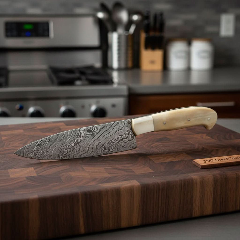 Kitchen Knife/ Chef Knife Damascus Blade with bone & Brass Guard Scale DK - 0384 handmade Damascus Steel Chef Knives by JW SteelCrafts