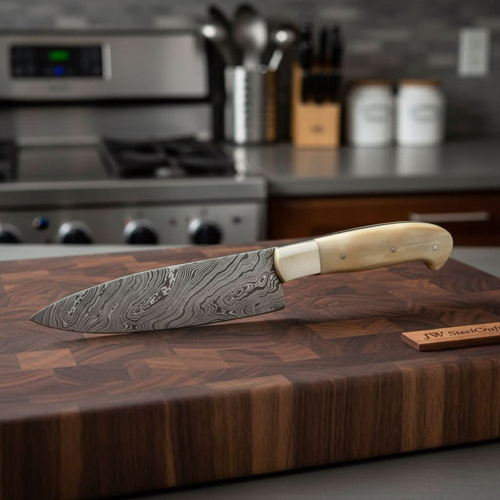 Kitchen Knife/ Chef Knife Damascus Blade with bone &amp; Brass Guard Scale DK - 0384 handmade Damascus Steel Chef Knives by JW SteelCrafts