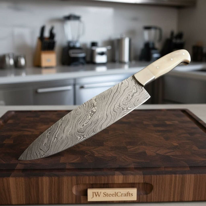 Kitchen Knife/ Chef Knife Damascus Blade with bone &amp; Brass Guard Scale DK - 0384 handmade Damascus Steel Chef Knives by JW SteelCrafts
