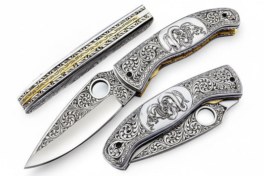 Hand Engraved Damascus Folding Knife with Skull Design & Brass Liners – Collector Pocket Knife handmade Folding Knives by JW SteelCrafts