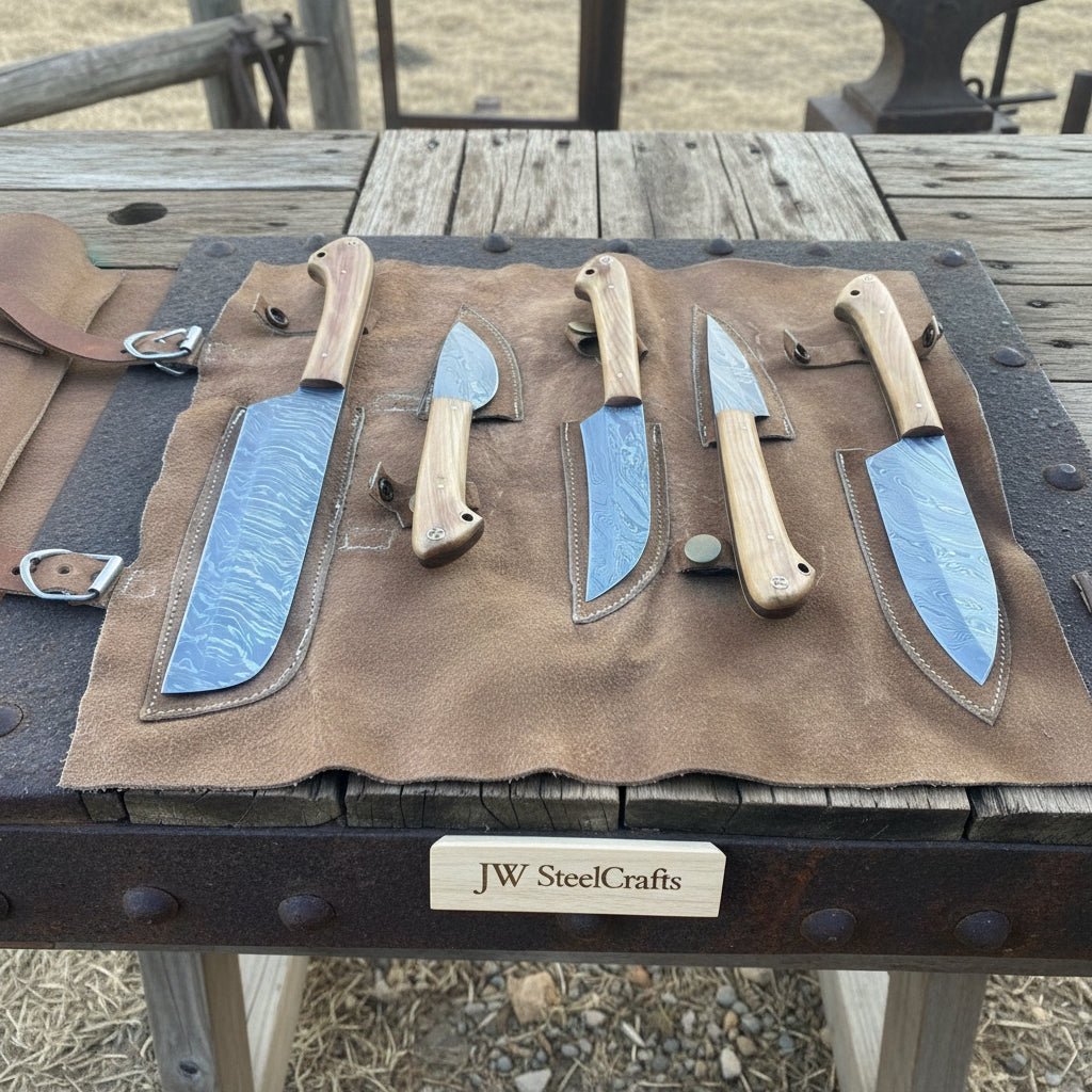 Handmade Damascus Buffalo Horn 5 Pcs Hunting Outdoor DK - 0387 handmade Handmade Chef Knife Sets by JW SteelCrafts