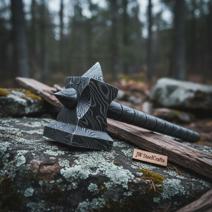 Hand made damascus steel viking hammer handmade by JW SteelCrafts