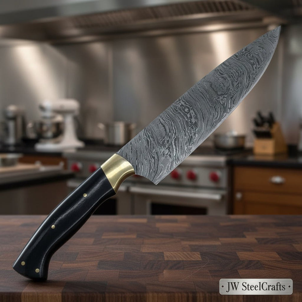 Quality handmade 13" Damascus Steel chef knife with 8" cutting blade DK - 0324 handmade Damascus Steel Chef Knives by JW SteelCrafts
