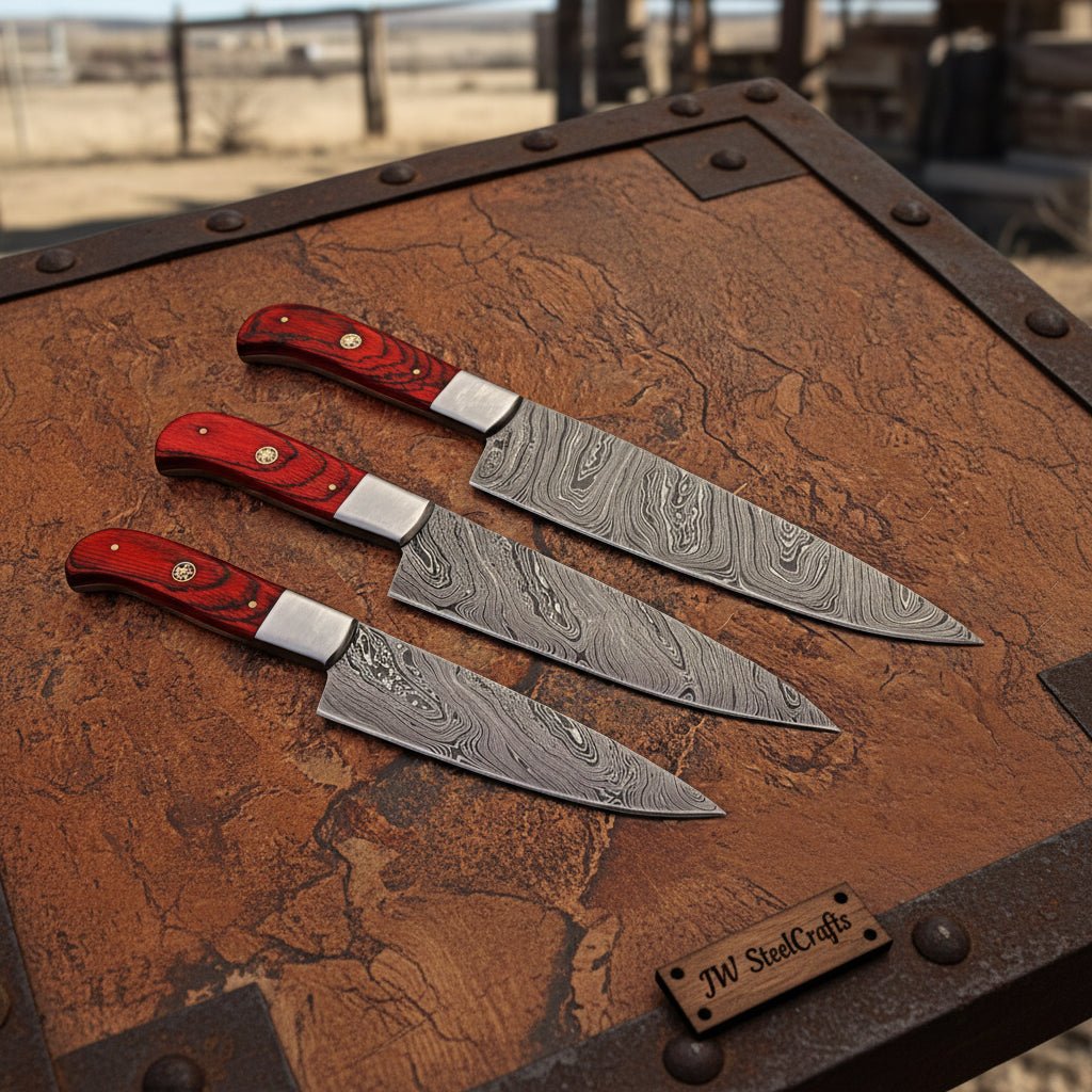 3 piece Kitchen knife set, full tang hand forged Damascus steel DK - 0379 handmade Handmade Chef Knife Sets by JW SteelCrafts