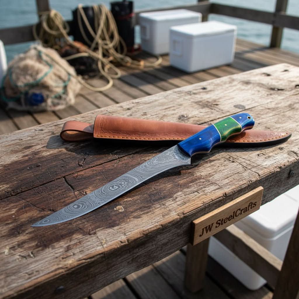 FILLET KNIFE WITH COLOUR WOOD HANDLE handmade Handmade Fillet Knives by JW SteelCrafts