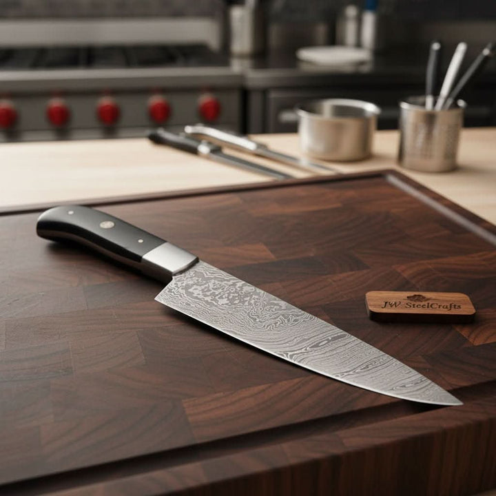 Handcrafted Damascus Steel Chef Knife, Black Resin Handle, Japanese Kitchen Blade by JW SteelCrafts handmade