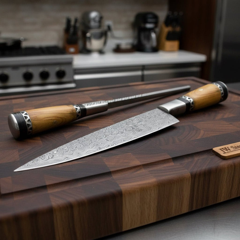 Custom Made Damascus Steel Chef Knife With Sheath DK - 0340 handmade Damascus Steel Chef Knives by JW SteelCrafts
