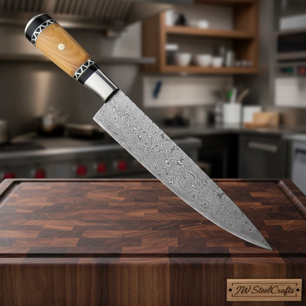 Custom Made Damascus Steel Chef Knife With Sheath DK - 0340 handmade Damascus Steel Chef Knives by JW SteelCrafts