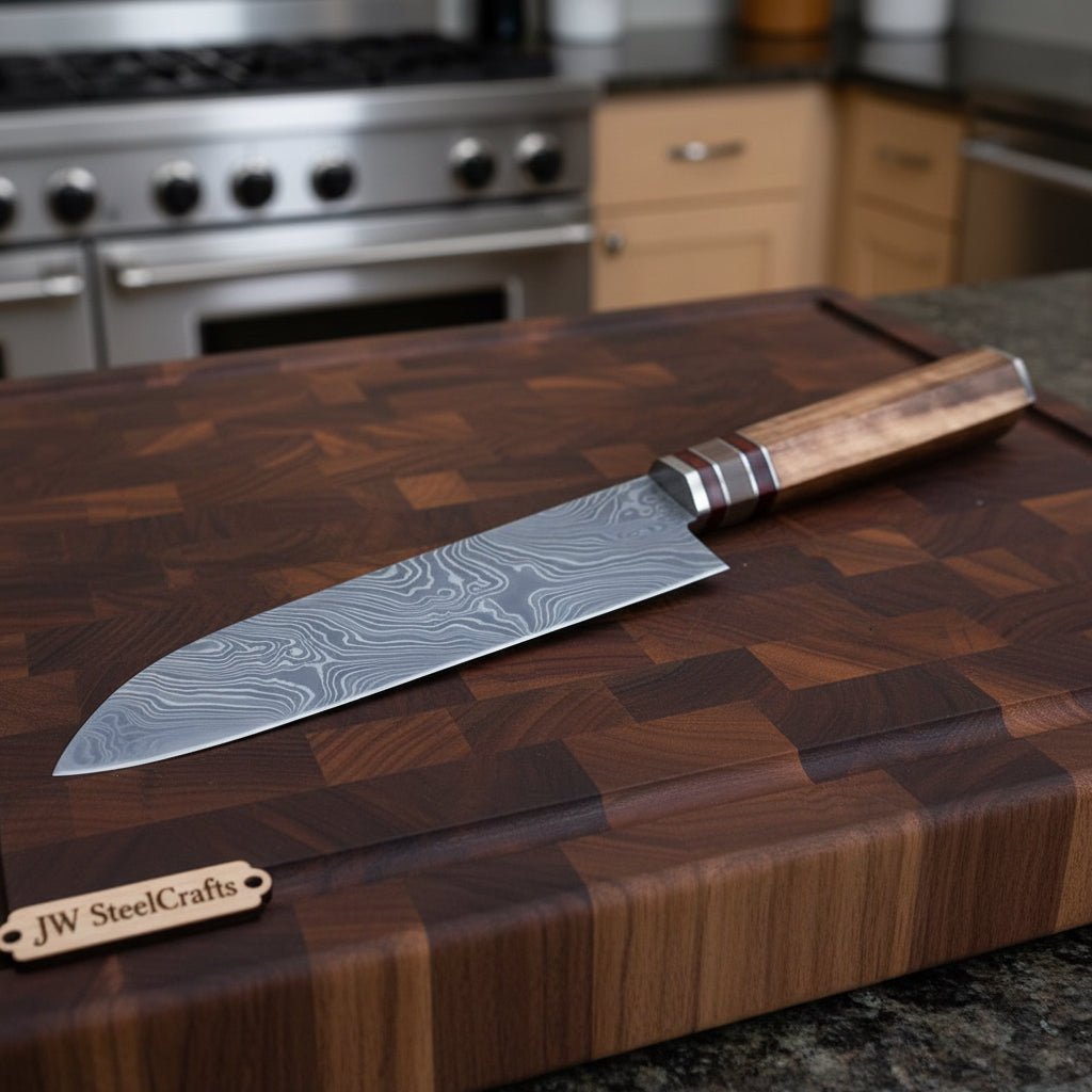 Japanese Utility Knife, Handmade Damascus Petty Knife with Walnut Handle, Small Kitchen KnifeDamascus Steel Chef Knives