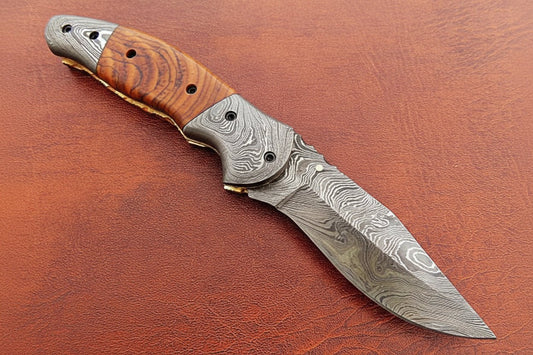 Handmade Damascus Steel Folding Knife with Amber Burl Wood Handle – Custom Pocket Knife by JW SteelCrafts handmade Folding Knives by JW SteelCrafts