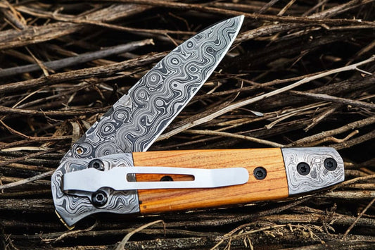 Handmade Damascus Steel Folding Knife with Olive Wood Handle – Pocket Knife for Everyday Carry & Gift handmade Folding Knives by JW SteelCrafts