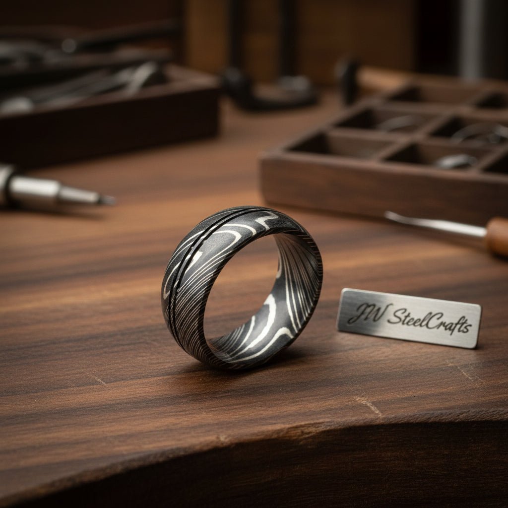 Handmade Damascus Steel Ring Inlay Design Wedding Ring - Men's Jewelry Band DE - 008 handmade Ring by JW SteelCrafts