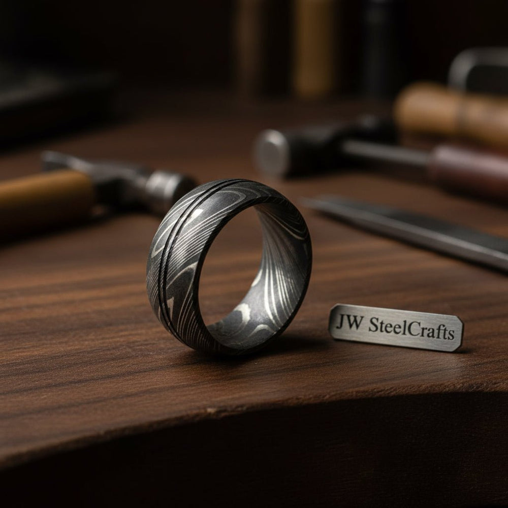 Handmade Damascus Steel Ring Inlay Design Wedding Ring - Men's Jewelry Band DE - 008 handmade Ring by JW SteelCrafts
