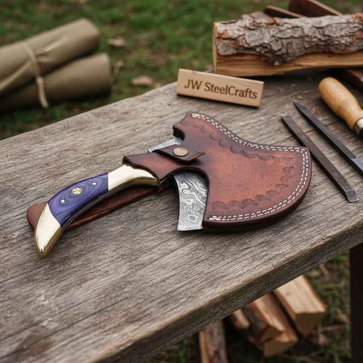 Island-inspired Viking handmade hatchet displaying intricate steel engravings and premium curved wood handle.