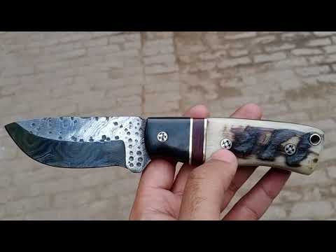 Skinner Knife Damascus Steel Ram Horn Handle 3.5 Inch Blade Hunting Knife