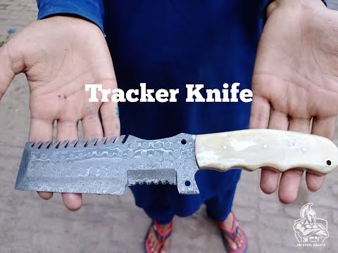 Handmade Damascus Tracker Knife with Bone Handle, Fixed Blade