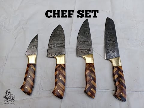 Product showcase video of JW SteelCrafts 4-piece custom Damascus steel chef knife set featuring unique checkered mosaic wood handles and polished brass bolsters displayed on a rustic wooden surface
