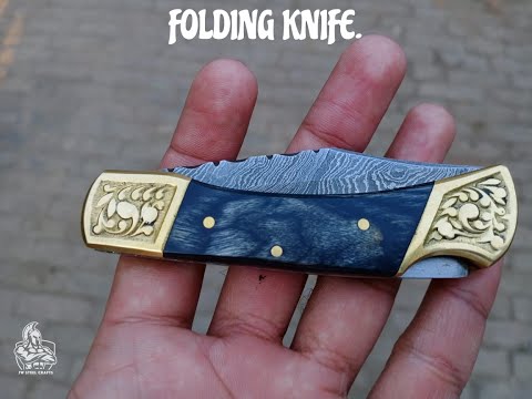 Handmade Damascus Folding Knife with Blue Bone Handle