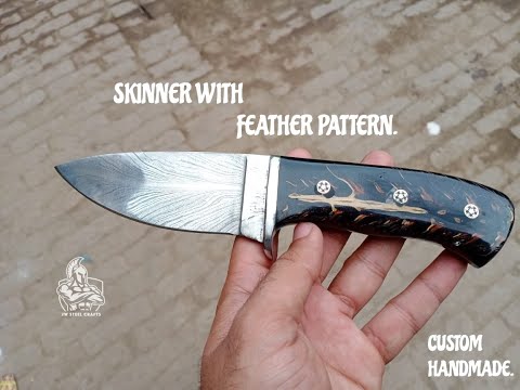 Skinner Knife, Feather Damascus Blade, Resin Handle, Fixed Blade Hunting Knife