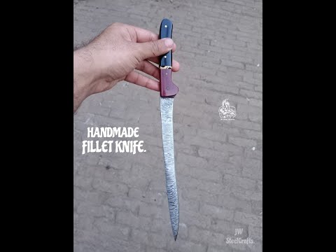 13-Inch Forged Damascus Boning &amp; Fillet Knife — Blue and Red Two-Tone Resin Handle, Steel Bolster &amp; Silver Pins