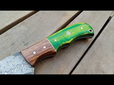 Handmade Damascus Tracker Knife 10 Inch with Green Pakka Wood and Rosewood Handle