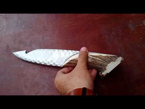 Handmade Damascus Gut Hook Skinner Knife With Deer Horn Handle