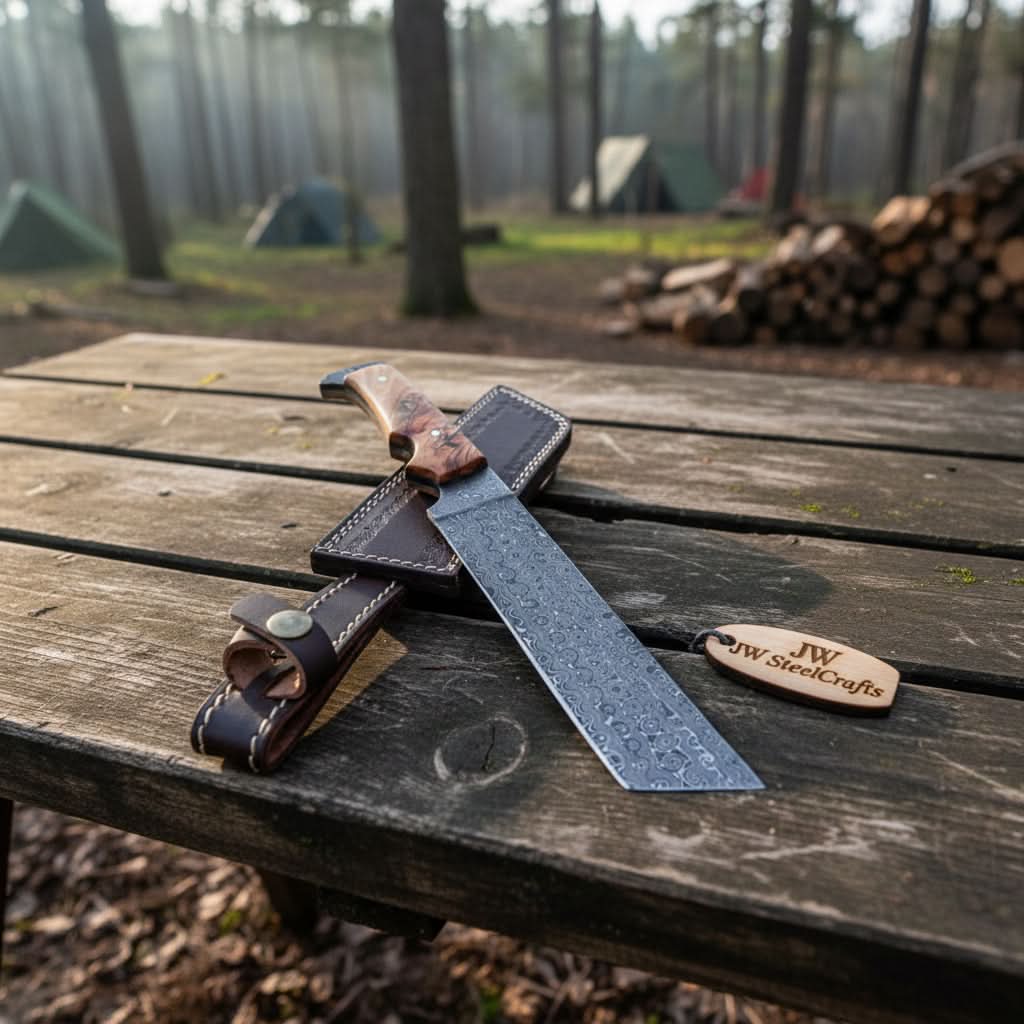 Hunting Knife Hunting 12" Tanto Knife with Olive Wood Handle with Sheath handmade by JW SteelCrafts