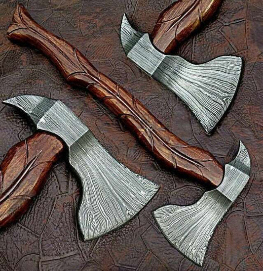 Custom Handmade Damascus Steel Burl Wood Axe Hatchet Tomahawk