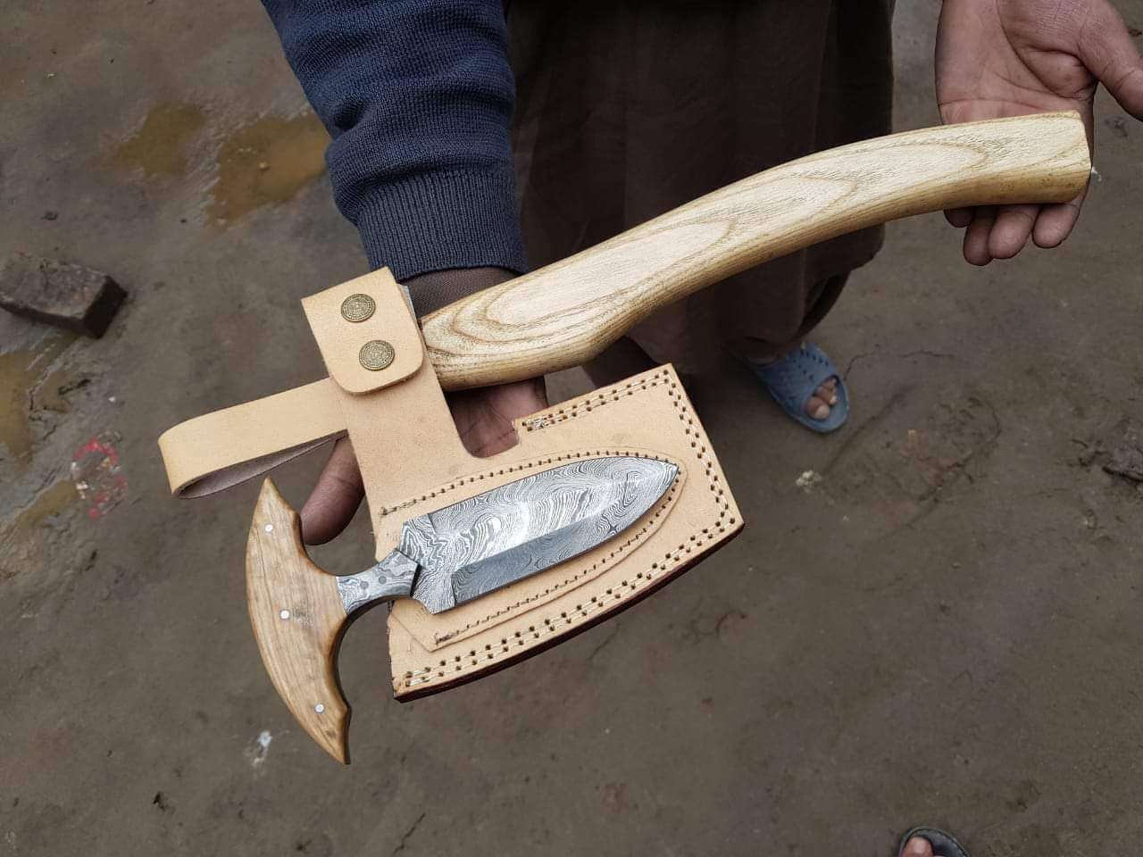 Custom handmade Damascus steel Axe+knife fix in one leather sheet