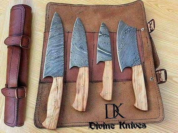 Damascus steel kitchen knife set W/ beautiful leather roll kit DK-0113