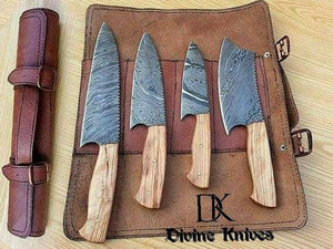 Damascus steel kitchen knife set  W/  beautiful leather roll kit DK-0113