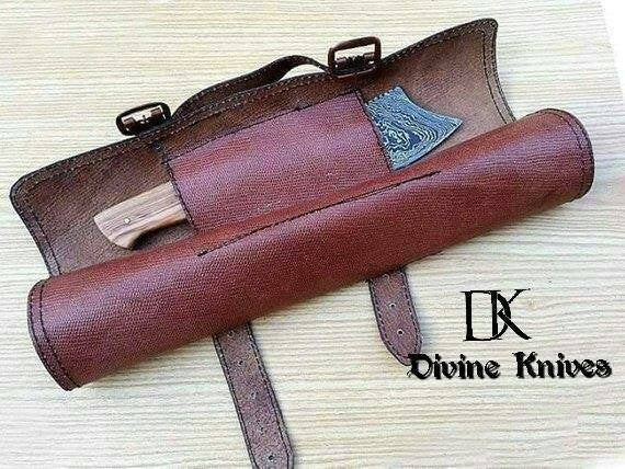 Damascus steel kitchen knife set W/ beautiful leather roll kit DK-0113