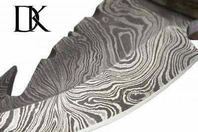 Damascus Steel Skinner Knife w/ Stag Handle and Gut Hook /Hunting Fixed Blade Knife DK-0021