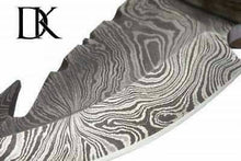 Load image into Gallery viewer, Damascus Steel Skinner Knife w/ Stag Handle and Gut Hook /Hunting Fixed Blade Knife DK-0021