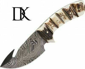 Damascus Steel Skinner Knife w/ Stag Handle and Gut Hook /Hunting Fixed Blade Knife DK-0021