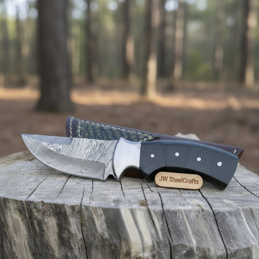 DK - 0080 Damascus Steel Skinner Knife With Beautiful green and black Micarta Handle and amazing Leather sheath . handmade Skinner Knife by JW SteelCrafts
