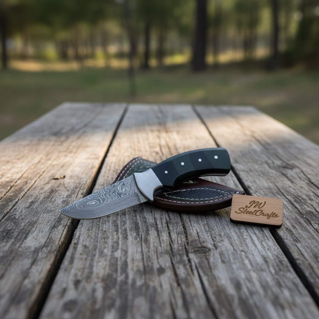 DK - 0080 Damascus Steel Skinner Knife With Beautiful green and black Micarta Handle and amazing Leather sheath . handmade Skinner Knife by JW SteelCrafts