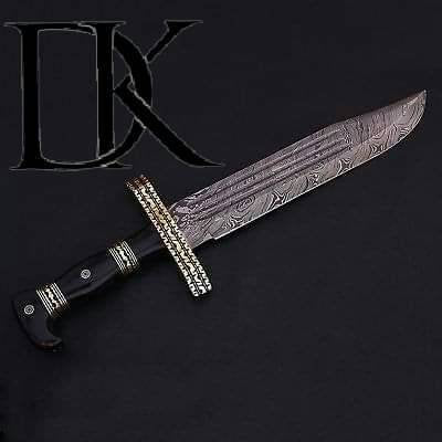 Handmade Damascus Steel Blade Bowie with Bull Horn Handle - Overall 18.5