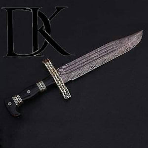 Handmade Damascus Steel Blade Bowie with Bull Horn Handle - Overall 18.5