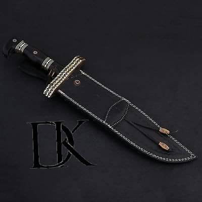 Handmade Damascus Steel Blade Bowie with Bull Horn Handle - Overall 18.5" Inch DK-0040