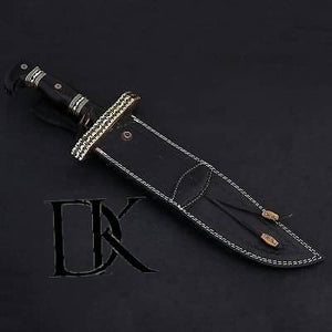 Handmade Damascus Steel Blade Bowie with Bull Horn Handle - Overall 18.5" Inch DK-0040