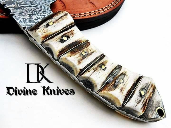 Custom Handmade Damascus steel Hunting Knife / Skinning Knife With Amazing Stag Horn Handle and Leather Sheathp DK-0106