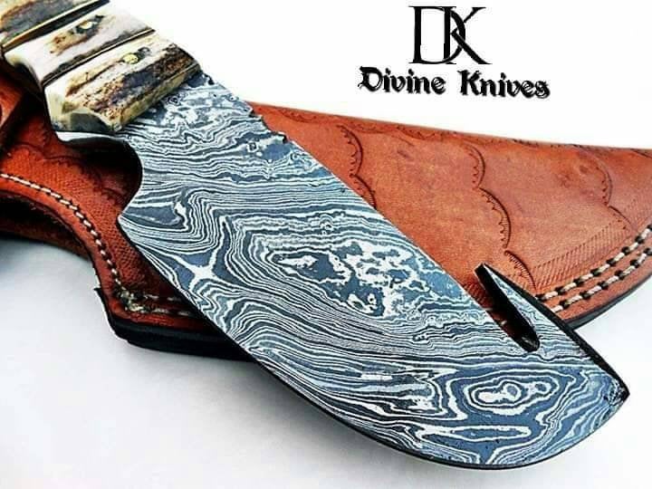 Custom Handmade Damascus steel Hunting Knife / Skinning Knife With Amazing Stag Horn Handle and Leather Sheathp DK-0106