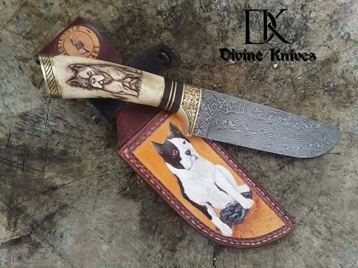 Damascus Steel Hunting knife / Pet Animal Lover Knife DK-0064
