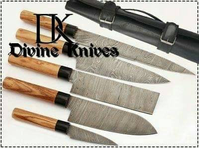 Custom Made Damascus Kitchen Knives 5pcs Set  with 5Pocket Case Roll Bag DK-0013