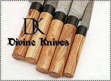 Load image into Gallery viewer, Custom Made Damascus Kitchen Knives 5pcs Set  with 5Pocket Case Roll Bag DK-0013