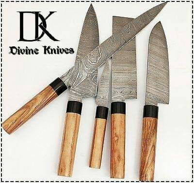 Custom Made Damascus Kitchen Knives 5pcs Set with 5Pocket Case Roll Bag DK-0013