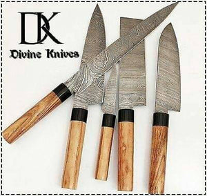Custom Made Damascus Kitchen Knives 5pcs Set  with 5Pocket Case Roll Bag DK-0013