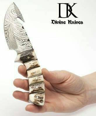 Damascus Steel Skinner Knife w/ Stag Handle and Gut Hook /Hunting Fixed Blade Knife DK-0021