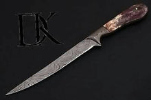 Load image into Gallery viewer, Custom Handmade Damascus Steel Boning Knife With Colour Bone Handle  with Leather Sheath DK-0045